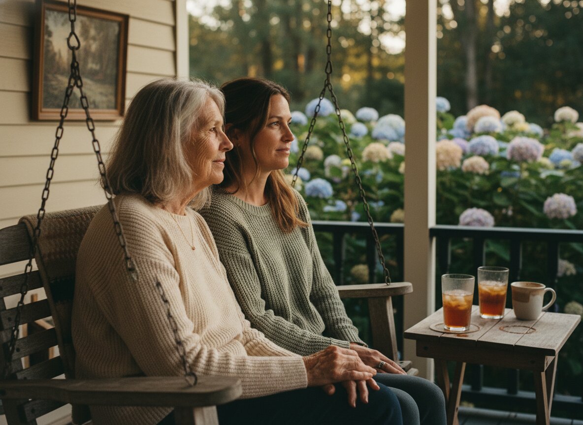 A mother and her adult daughter sitting together on a porch