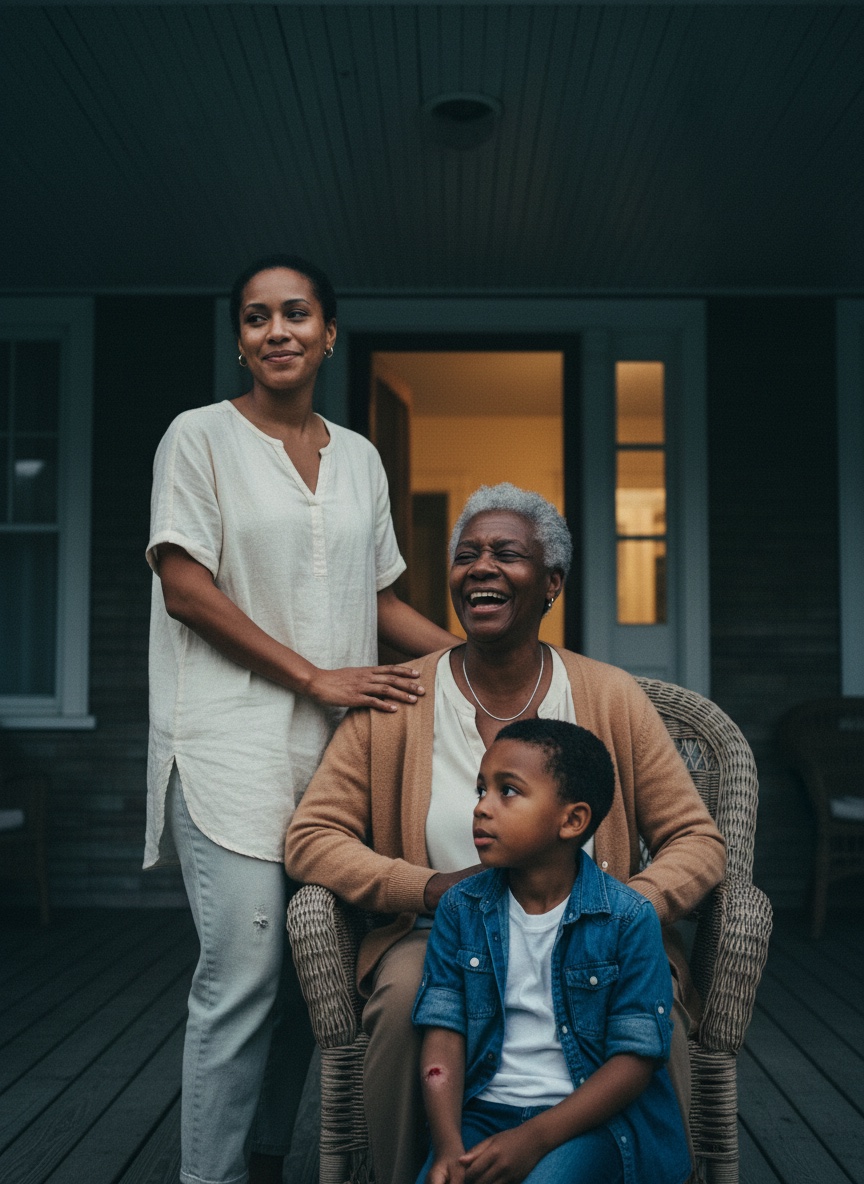 A multigenerational family on a sunlit southern porch