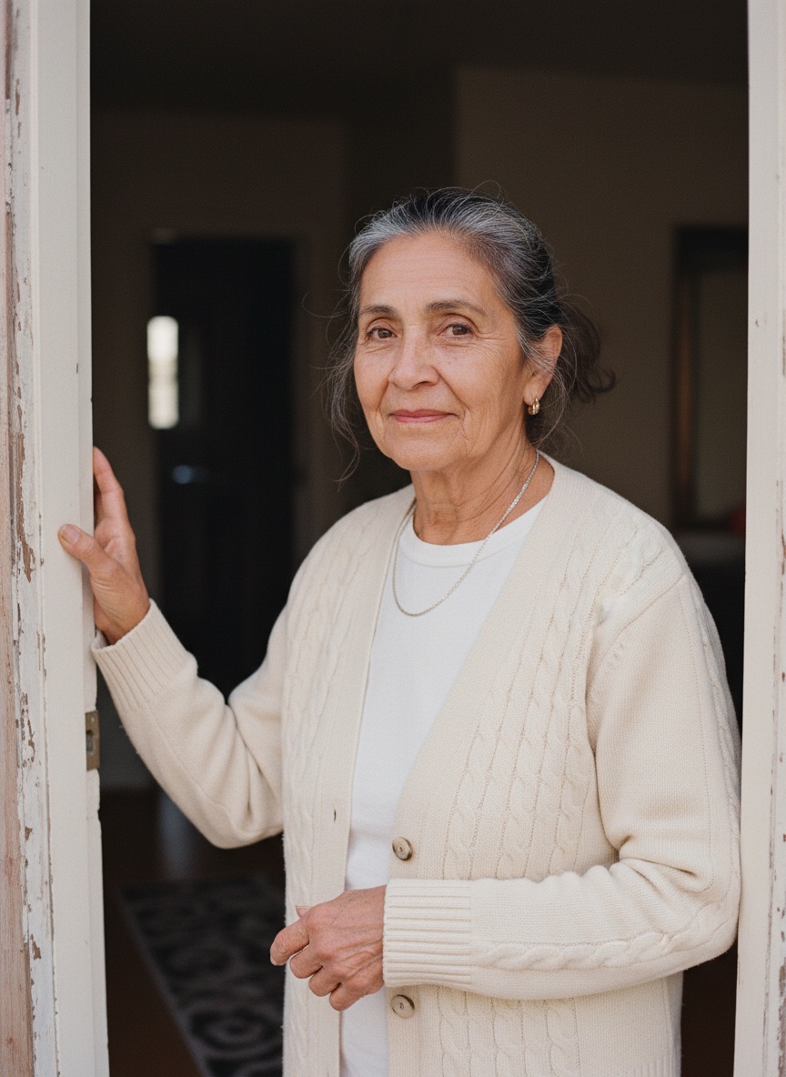 A woman approaching Medicare age standing at her open back door in late afternoon light