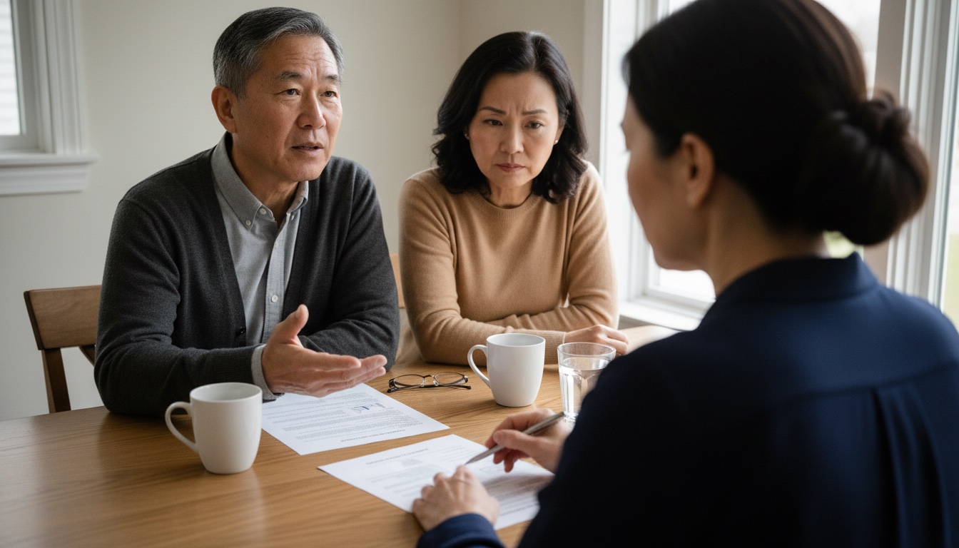 A licensed agent reviewing plan paperwork at a sunlit dining table with a couple
