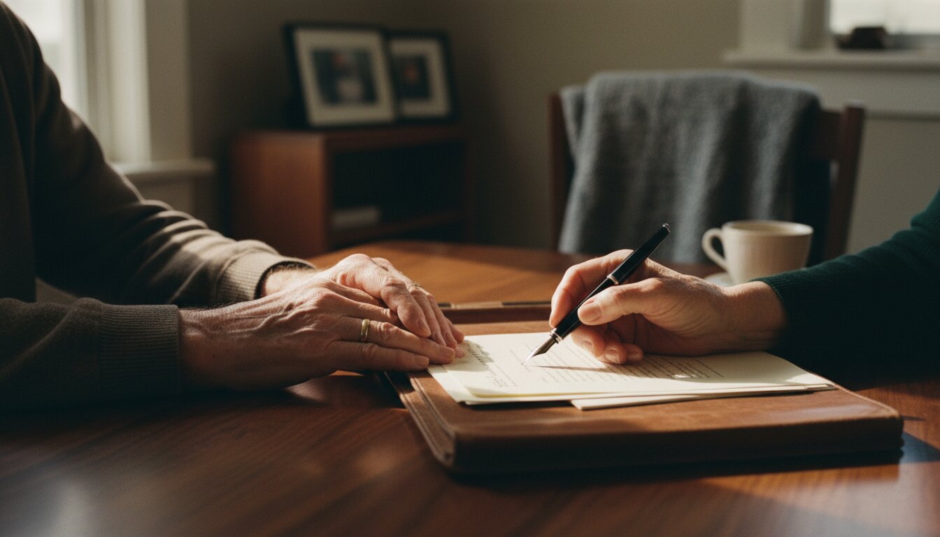 A couple's hands resting on a kitchen table over an open portfolio